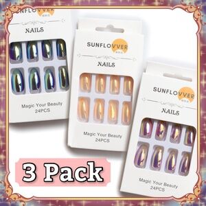3 Chrome Almond Shaped Press on Acrylic Fake Nails Metallic Shiny Gold Pink Blue